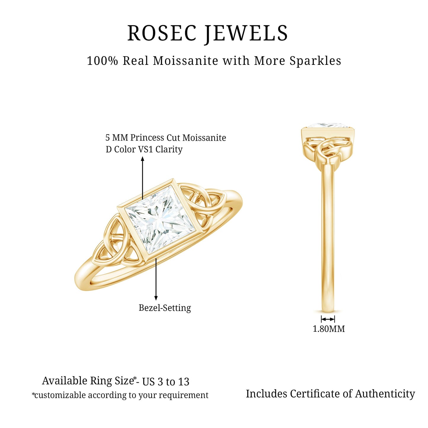 0.7 Carat Princess Cut Certified Moissanite Solitaire Ring with Celtic Knot Style