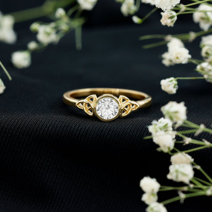 Bezel Set Moissanite Promise Ring with Celtic Knot Details
