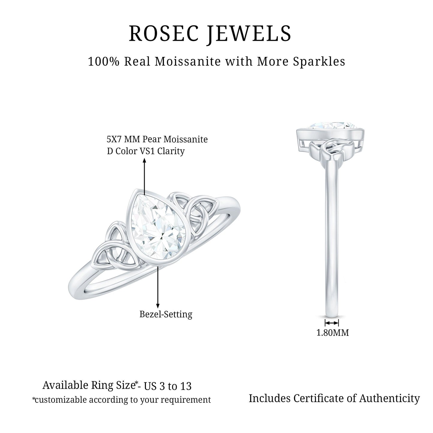 Bezel Set Moissanite Pear Cut Solitaire Celtic Ring for Women