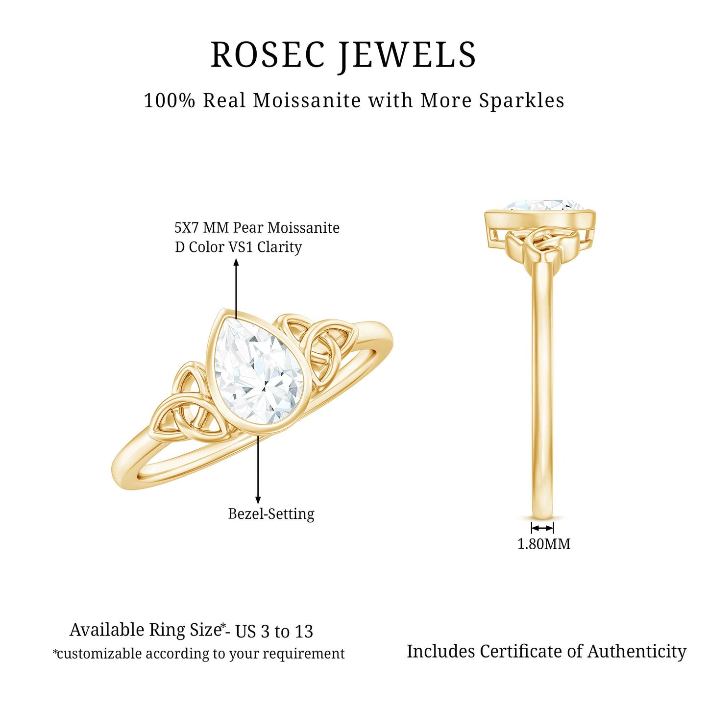 Bezel Set Moissanite Pear Cut Solitaire Celtic Ring for Women