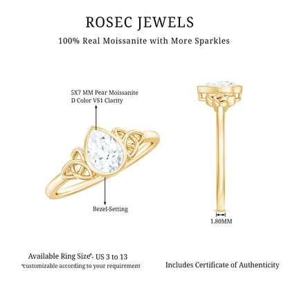 Bezel Set Moissanite Pear Cut Solitaire Celtic Ring for Women