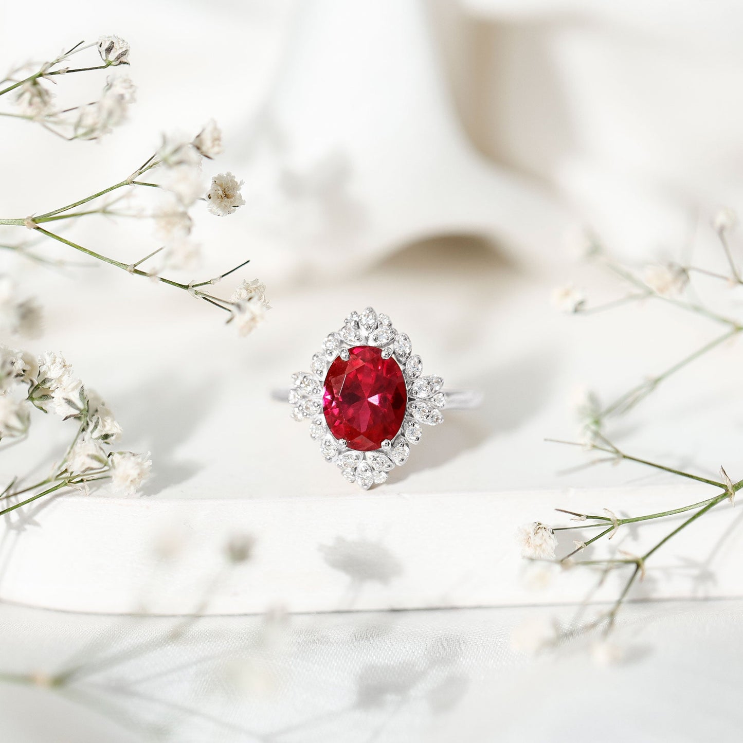 Vintage Inspired Lab Grown Ruby and Diamond Engagement Ring
