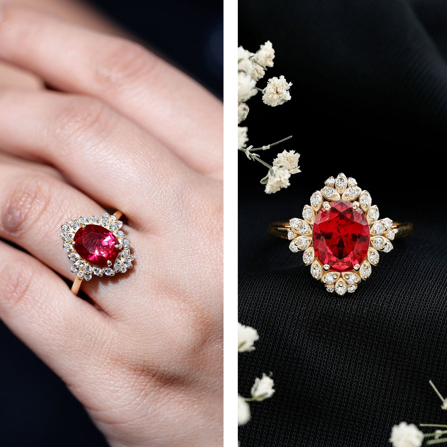 Vintage Inspired Lab Grown Ruby and Diamond Engagement Ring