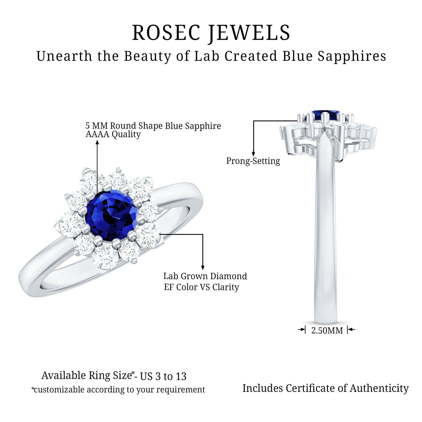 Natural Inspired 0.6 Carat Lab Grown Blue Sapphire Engagement Ring with Diamond Halo