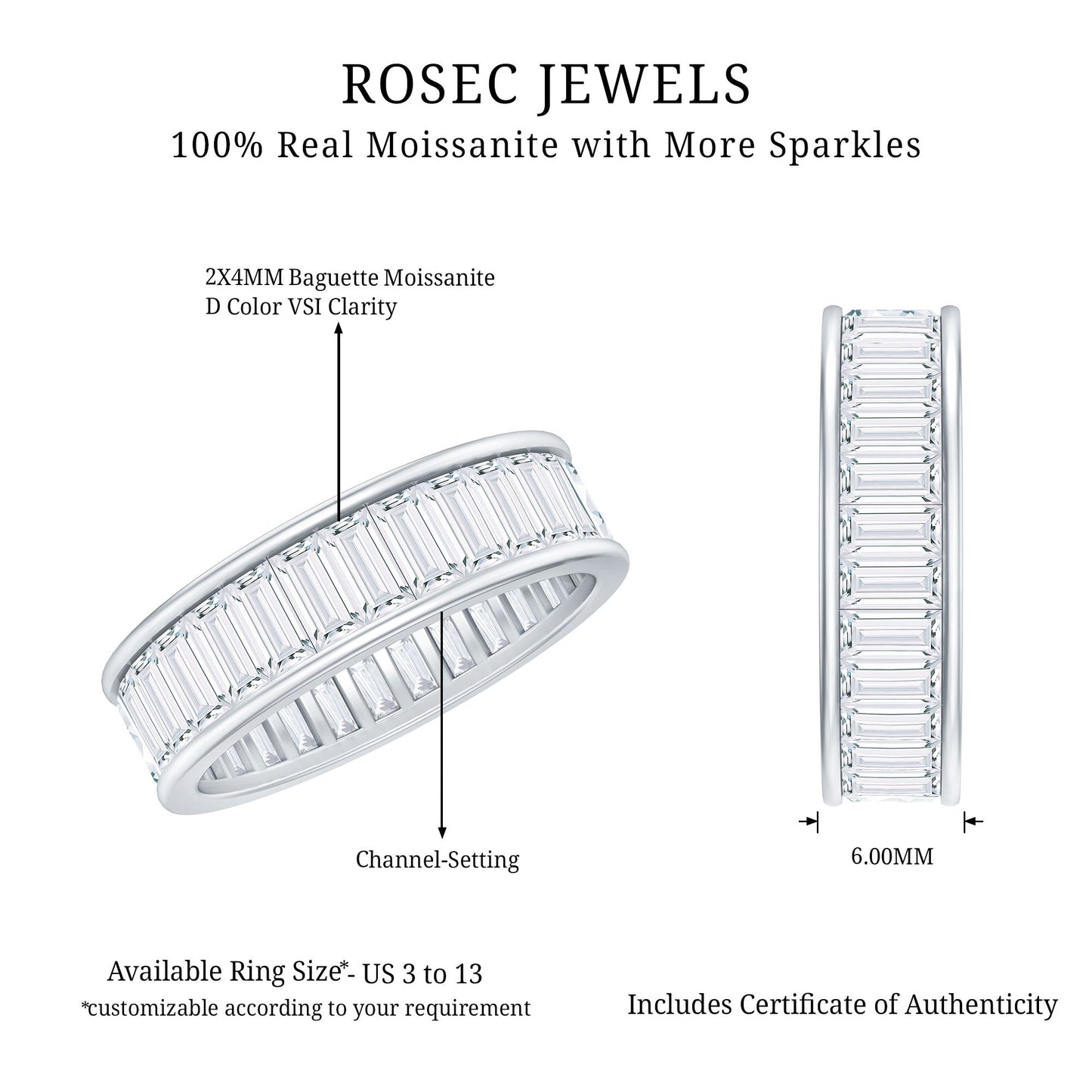 Baguette Cut Moissanite Wedding Band Channel Setting