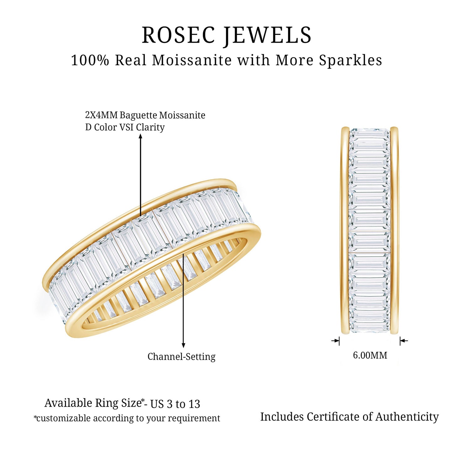 Baguette Cut Moissanite Wedding Band Channel Setting