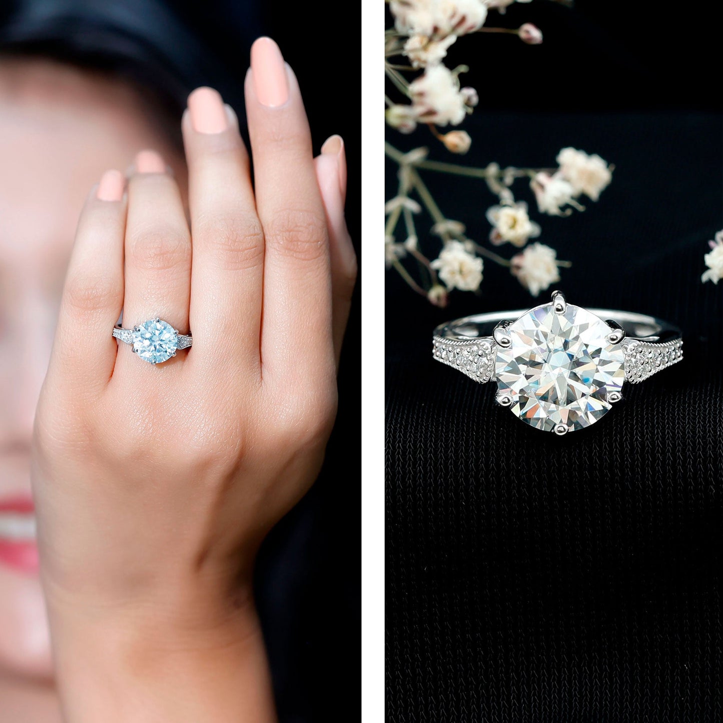 Certified 4.4 Carat Moissanite Round Engagement Ring in Silver