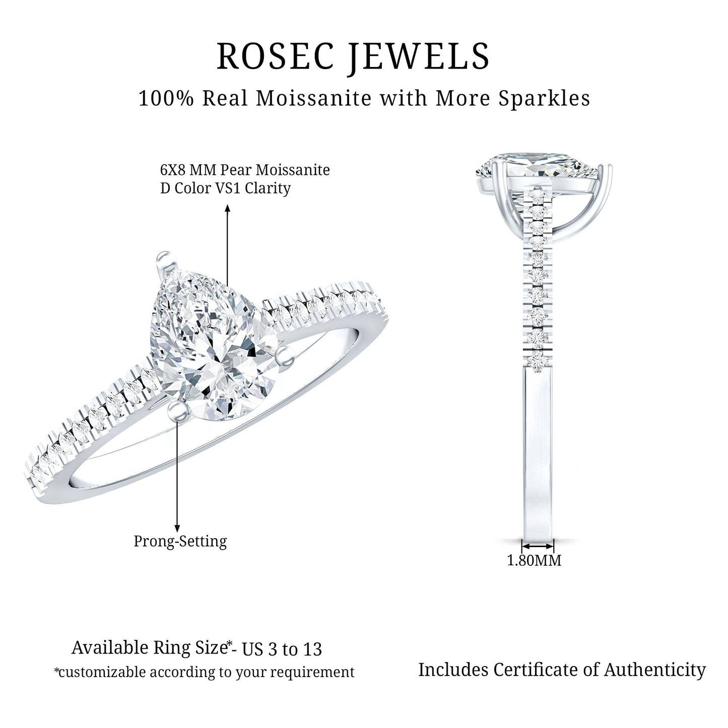 Certified Moissanite Pear Shape Engagement Ring with Side Stones