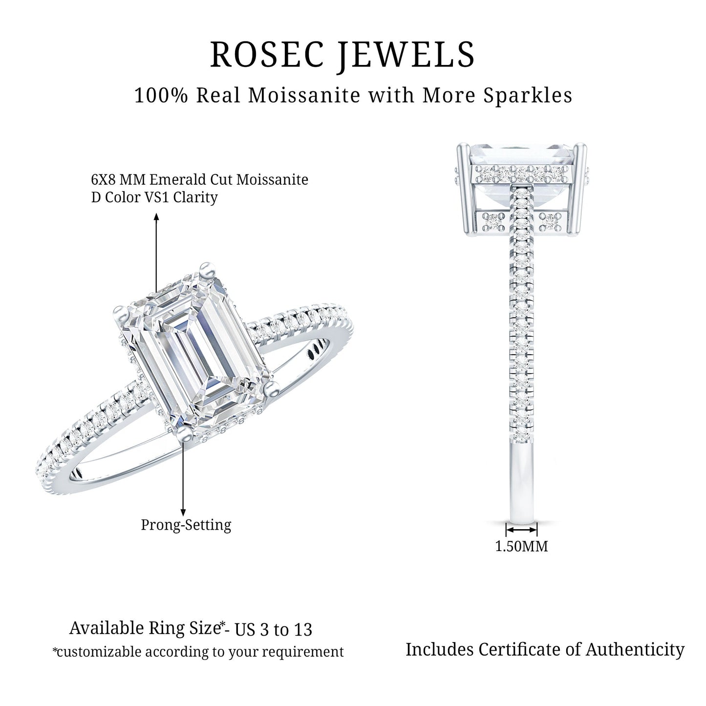 1.8 Carat Certified Moissanite Emerald Cut Engagement Ring