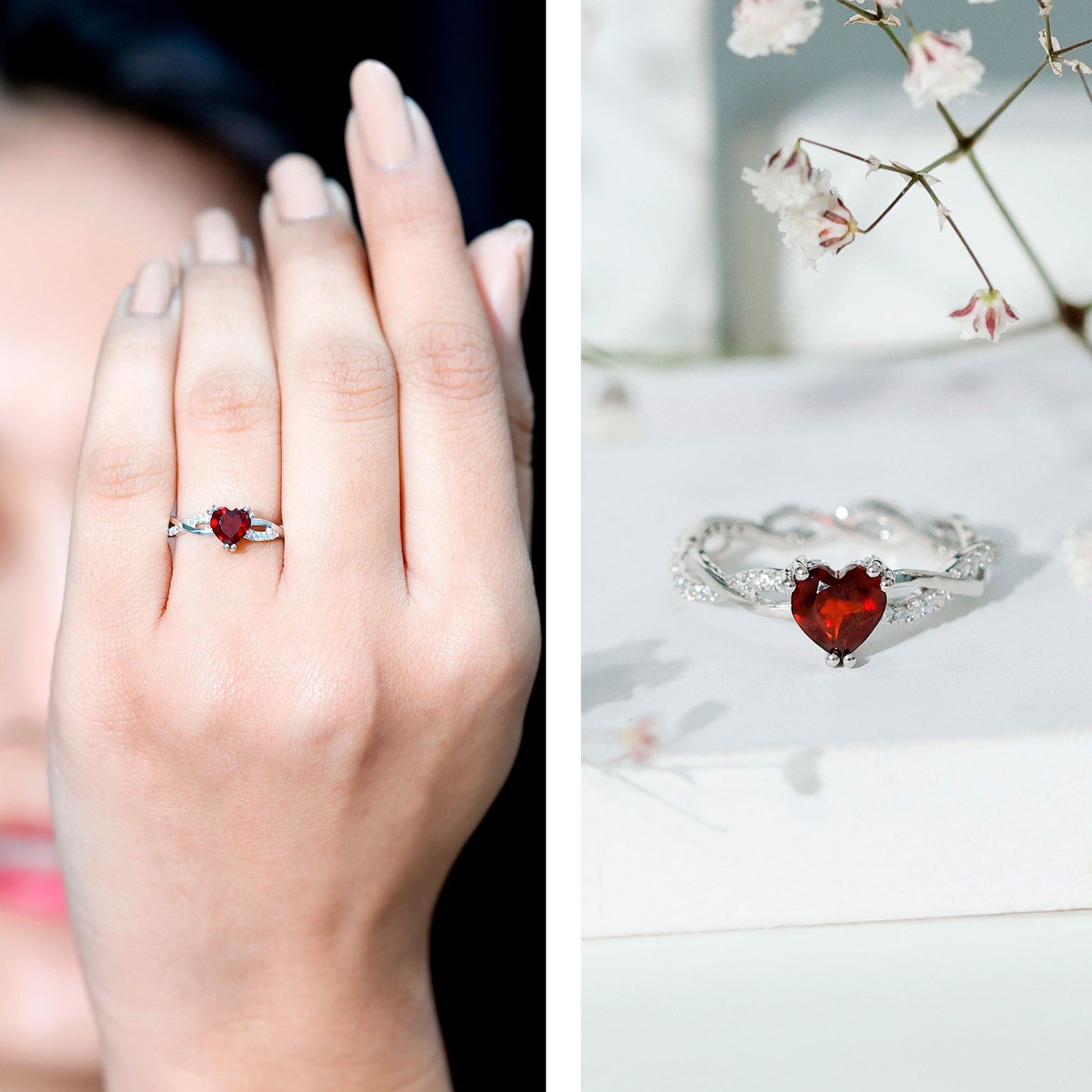 Real 1 Carat Garnet Heart Engagement Ring with Moissanite Braided Shank