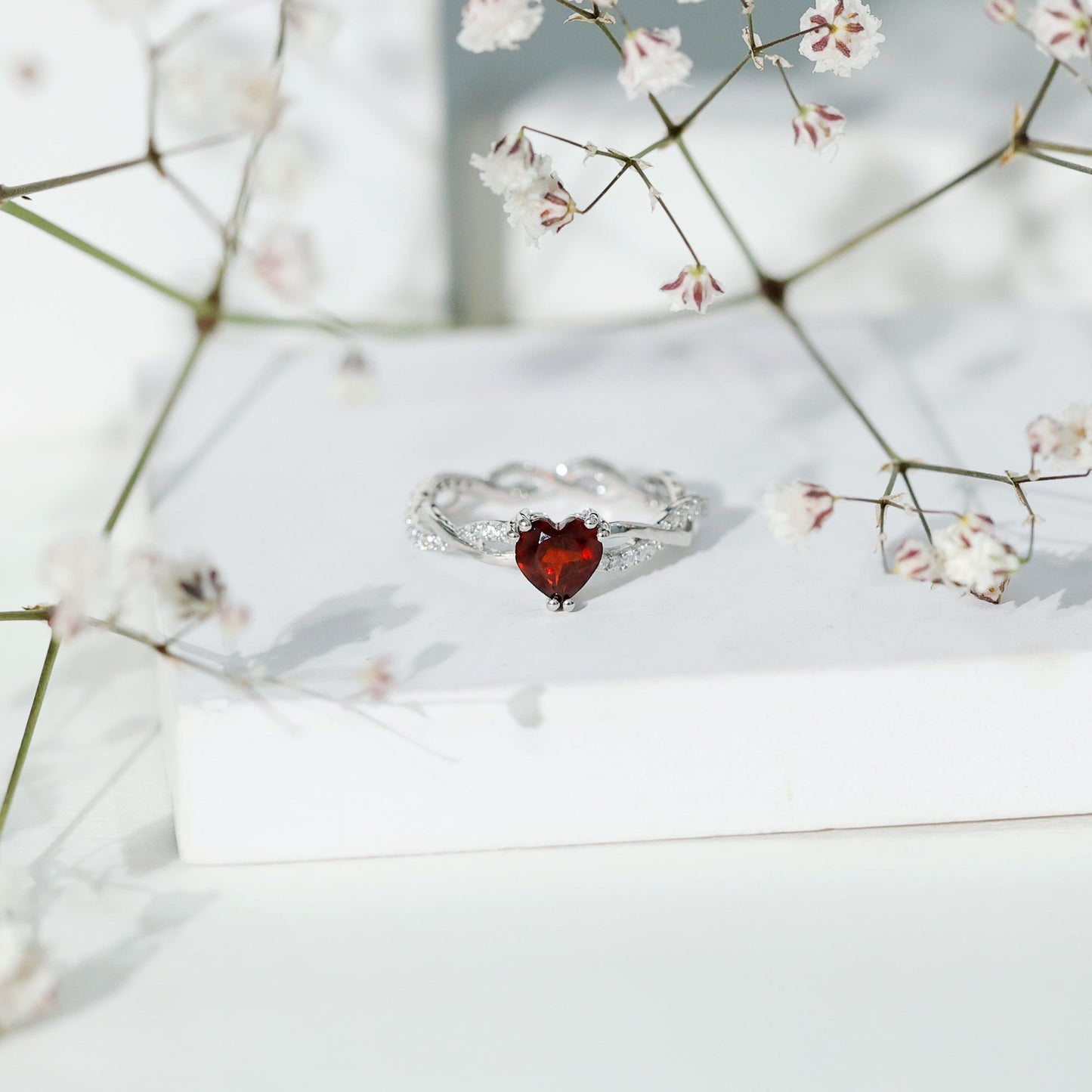 Real 1 Carat Garnet Heart Engagement Ring with Moissanite Braided Shank