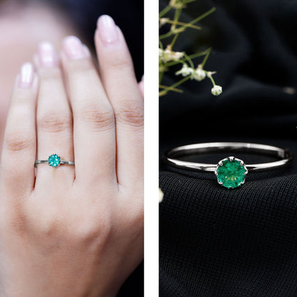 Natural Solitaire Emerald Promise Ring in Lotus Basket Setting