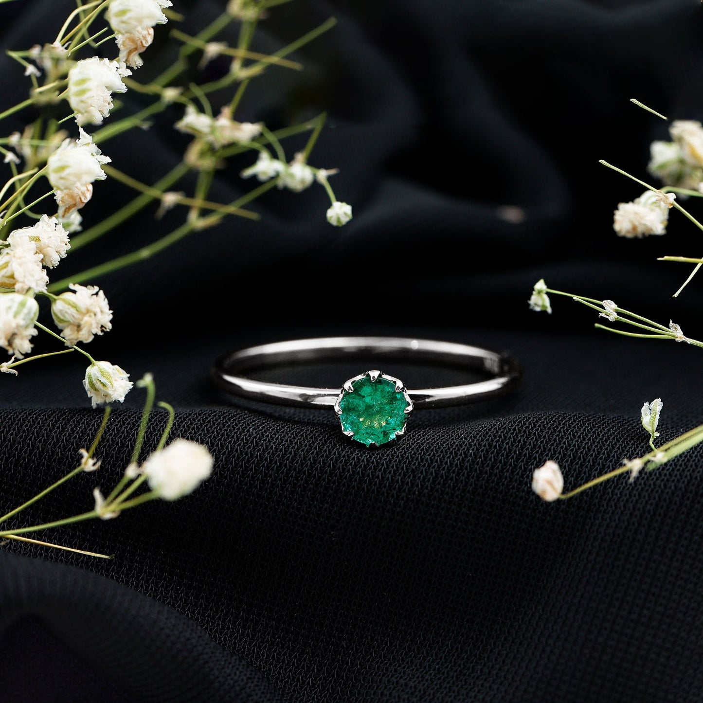 Natural Solitaire Emerald Promise Ring in Lotus Basket Setting