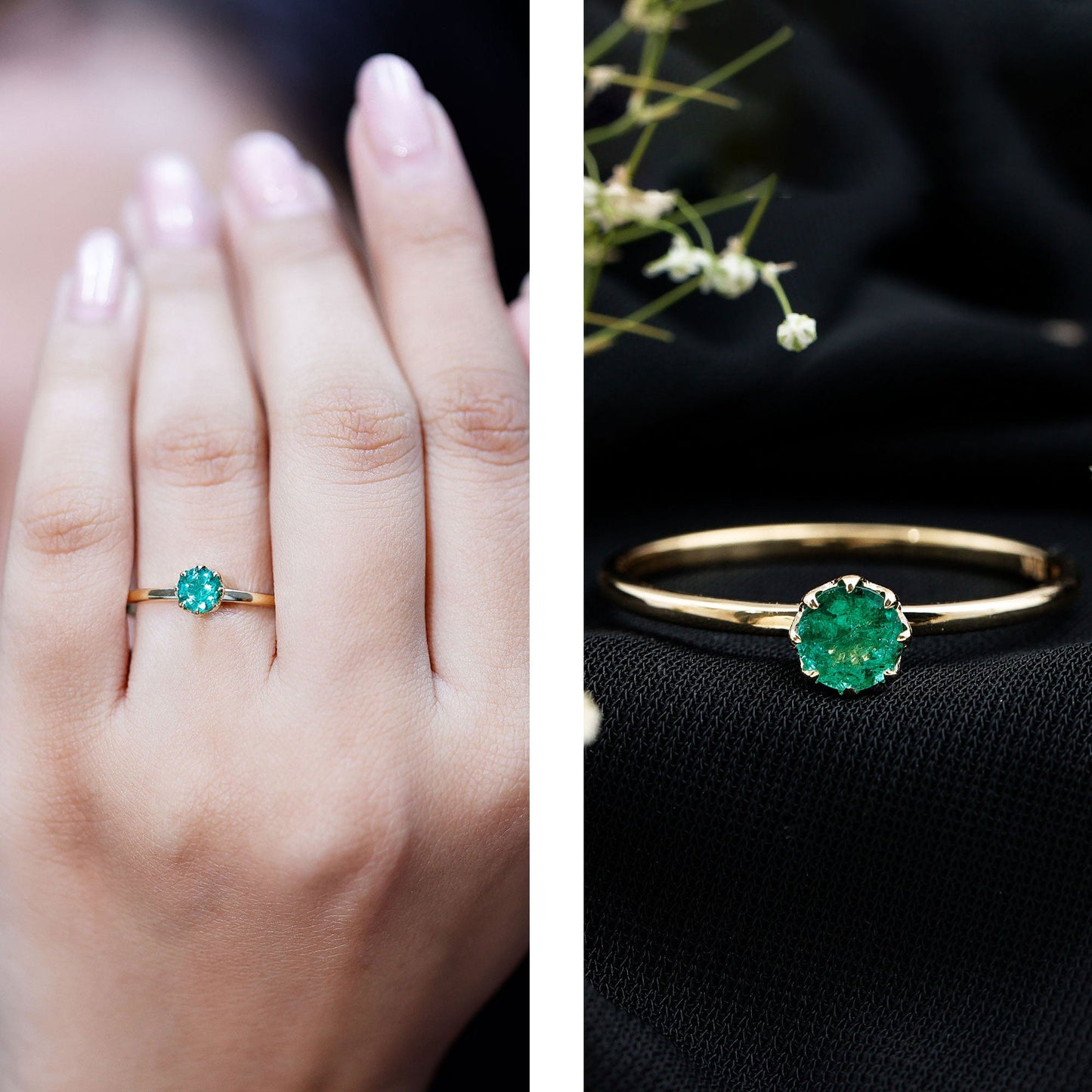 Natural Solitaire Emerald Promise Ring in Lotus Basket Setting