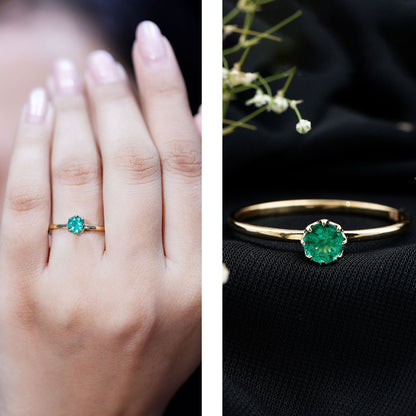 Natural Solitaire Emerald Promise Ring in Lotus Basket Setting