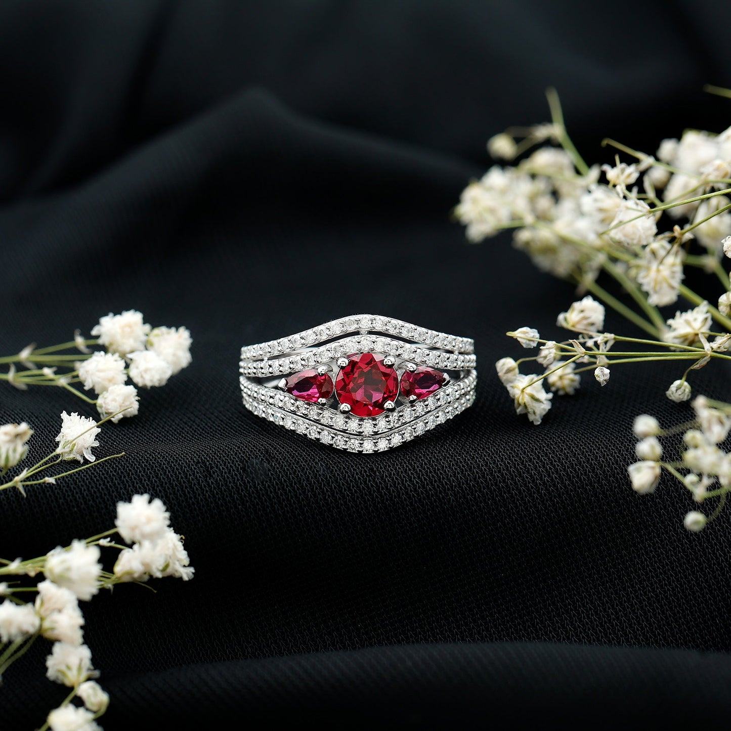 Designer Lab Created Ruby 3 Stone Engagement Ring With Moissanite