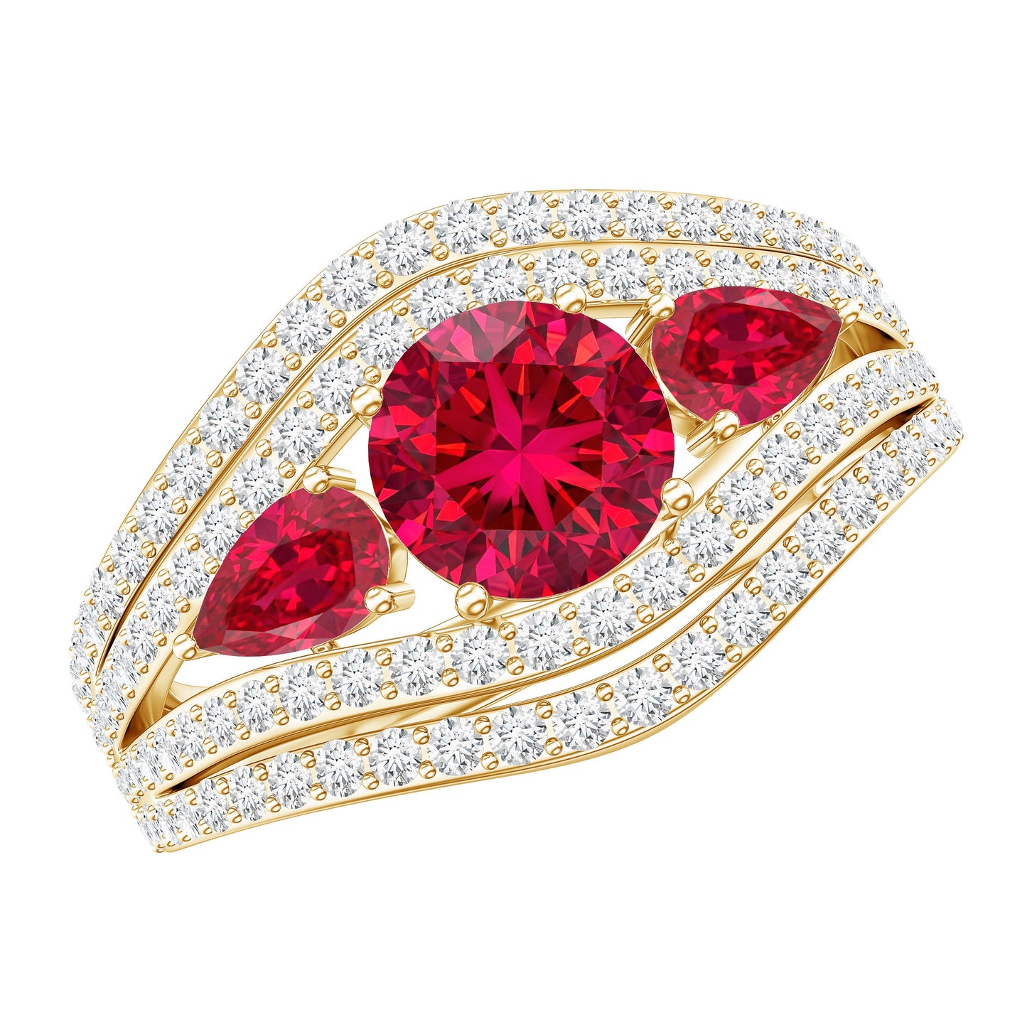 Designer Lab Created Ruby 3 Stone Engagement Ring With Moissanite
