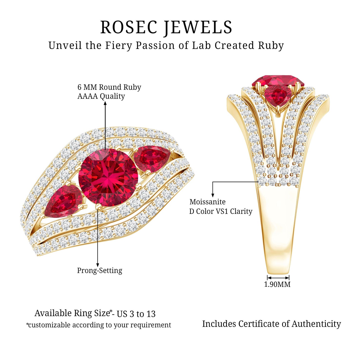 Designer Lab Created Ruby 3 Stone Engagement Ring With Moissanite