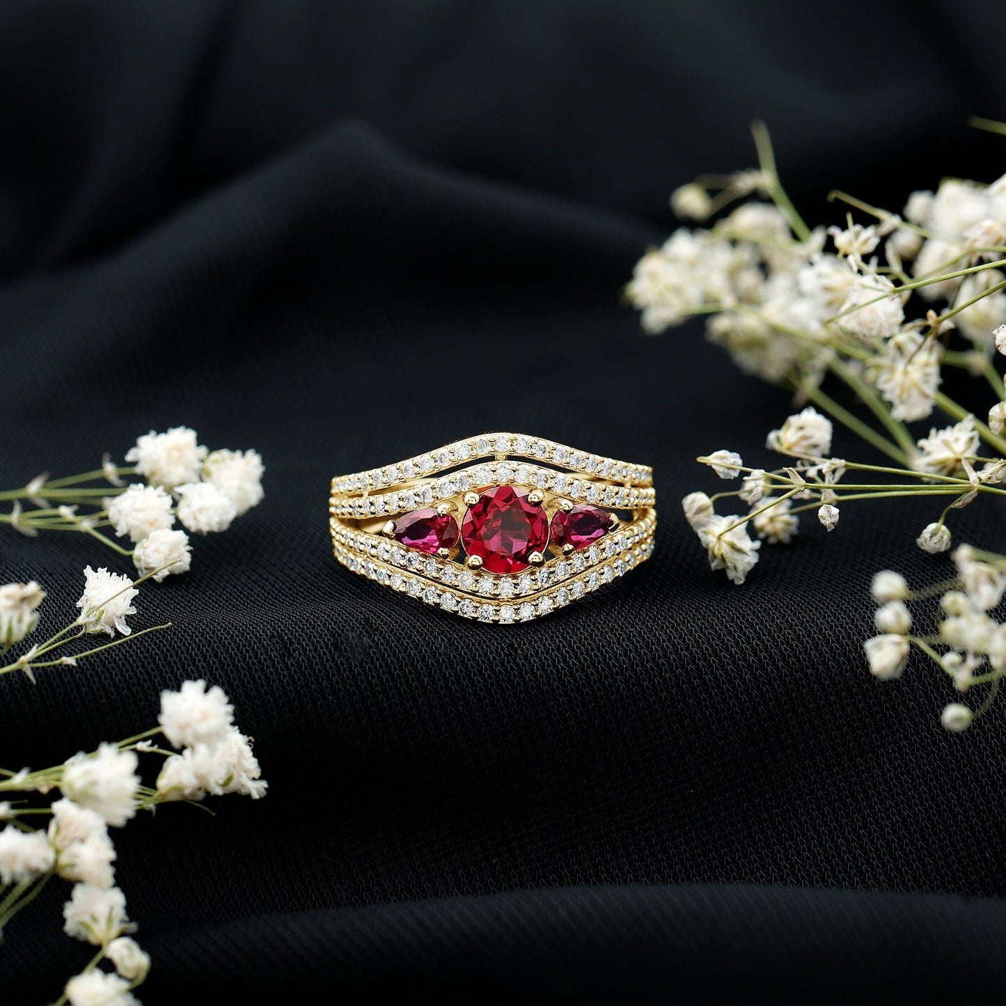 Designer Lab Created Ruby 3 Stone Engagement Ring With Moissanite