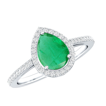 Certified Emerald Teardrop Engagement Ring with Diamond Halo