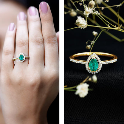 Certified Emerald Teardrop Engagement Ring with Diamond Halo