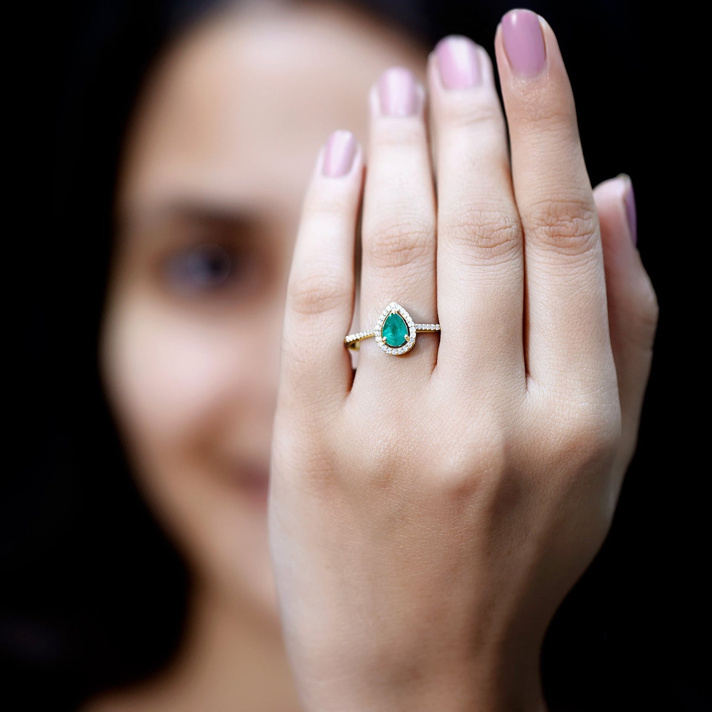 Certified Emerald Teardrop Engagement Ring with Diamond Halo