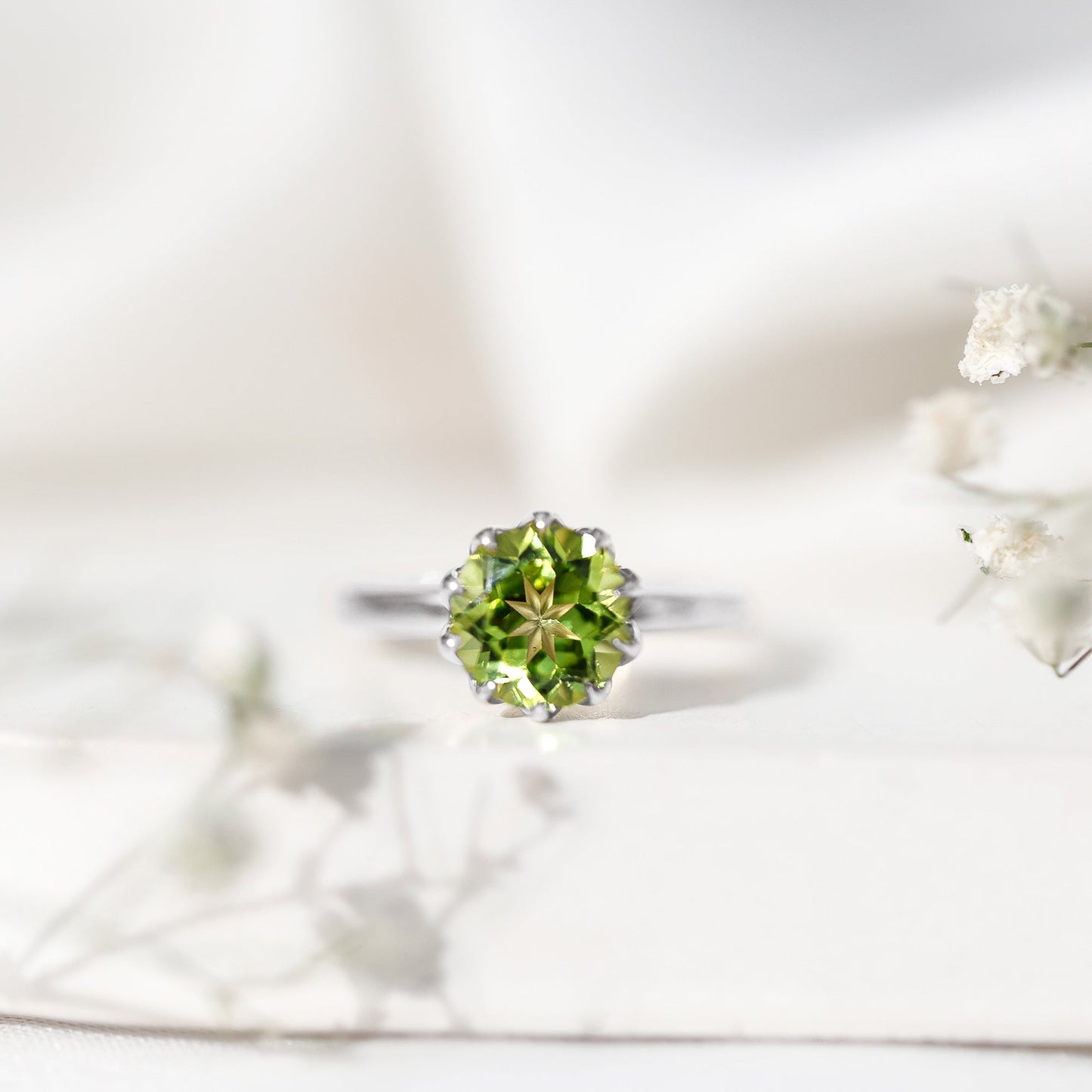 Genuine 2 Carat Peridot Engagement Ring in Lotus Basket Setting