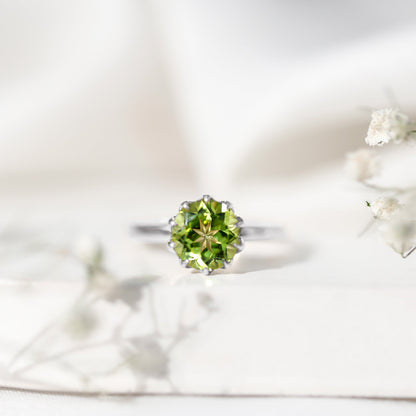 Genuine 2 Carat Peridot Engagement Ring in Lotus Basket Setting
