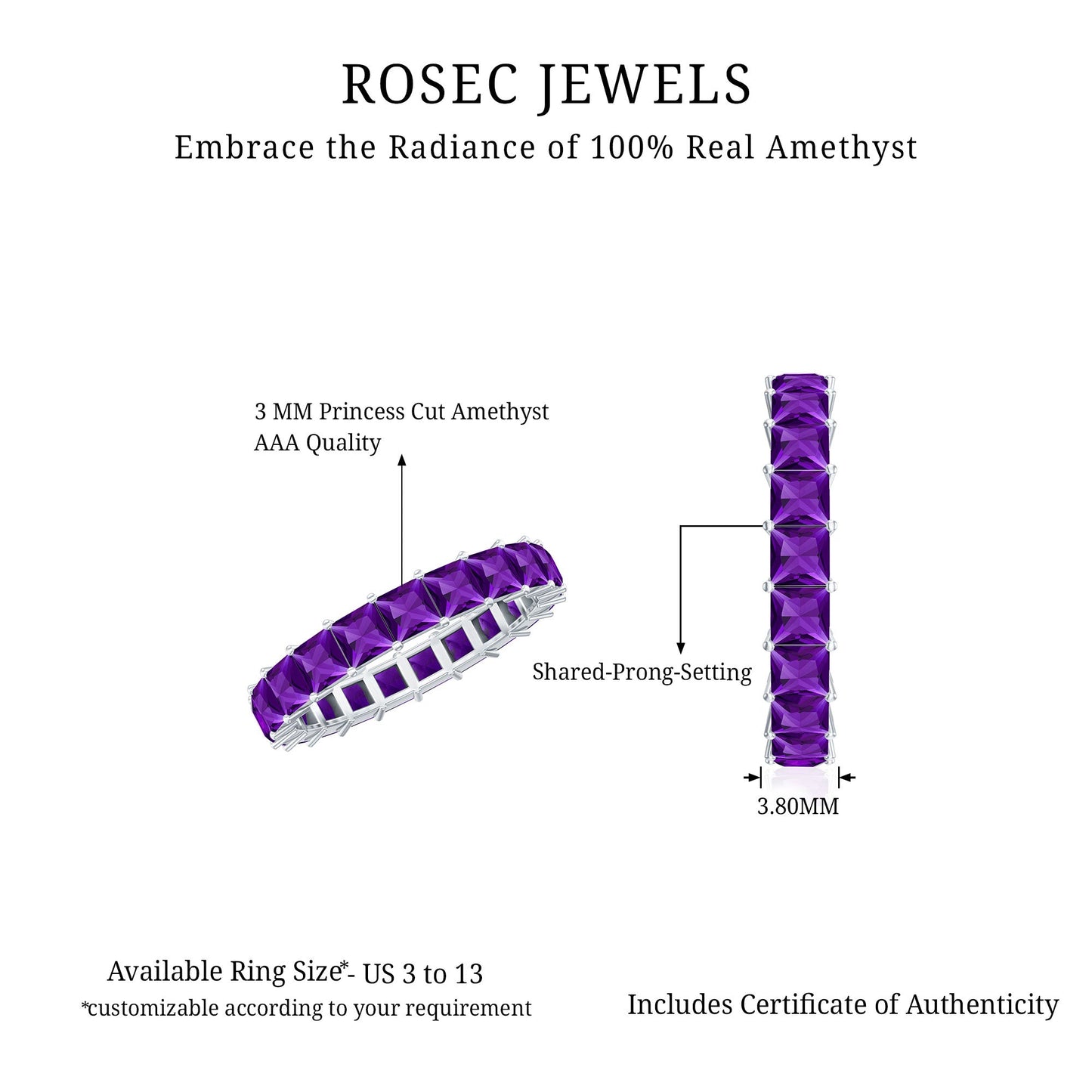 Real Princess Cut Amethyst Full Eternity Band Ring