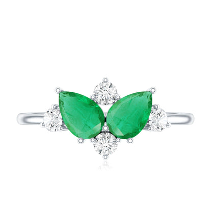 Natural Pear Shape Emerald Toi Et Moi Engagement Ring with Diamond
