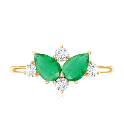 Natural Pear Shape Emerald Toi Et Moi Engagement Ring with Diamond