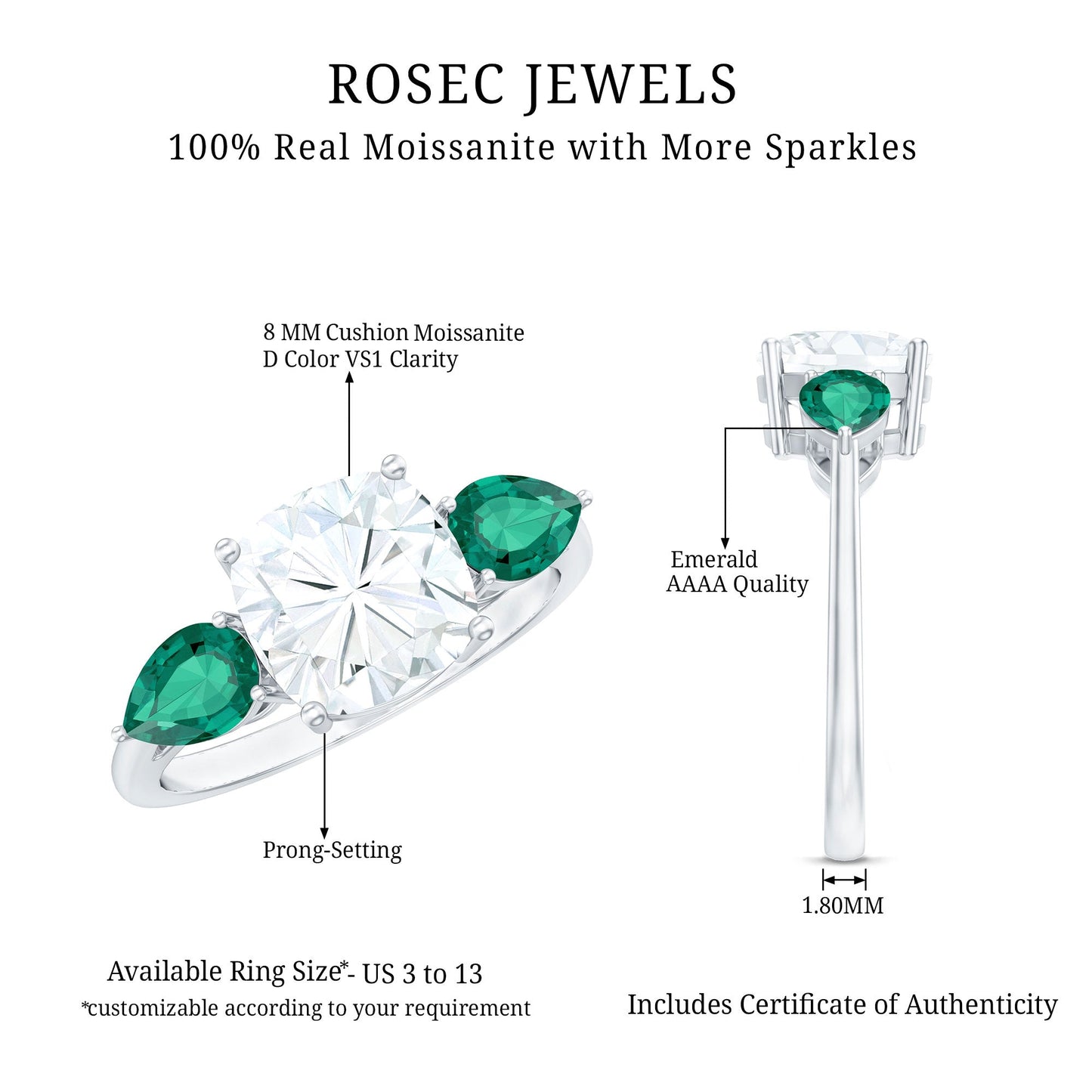 3 CT Moissanite Three Stone Engagement Ring With Emerald