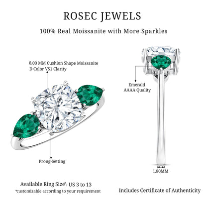 3 CT Moissanite Three Stone Engagement Ring With Emerald