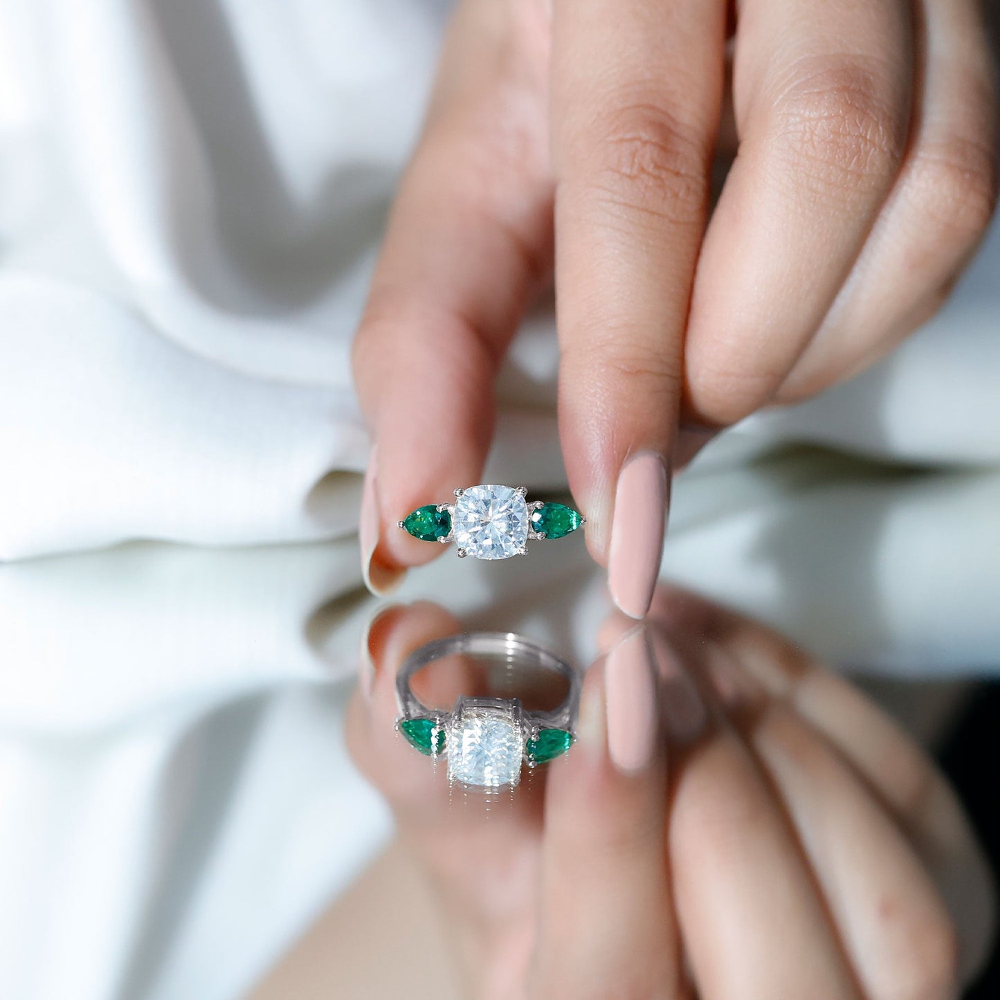 3 CT Moissanite Three Stone Engagement Ring With Emerald