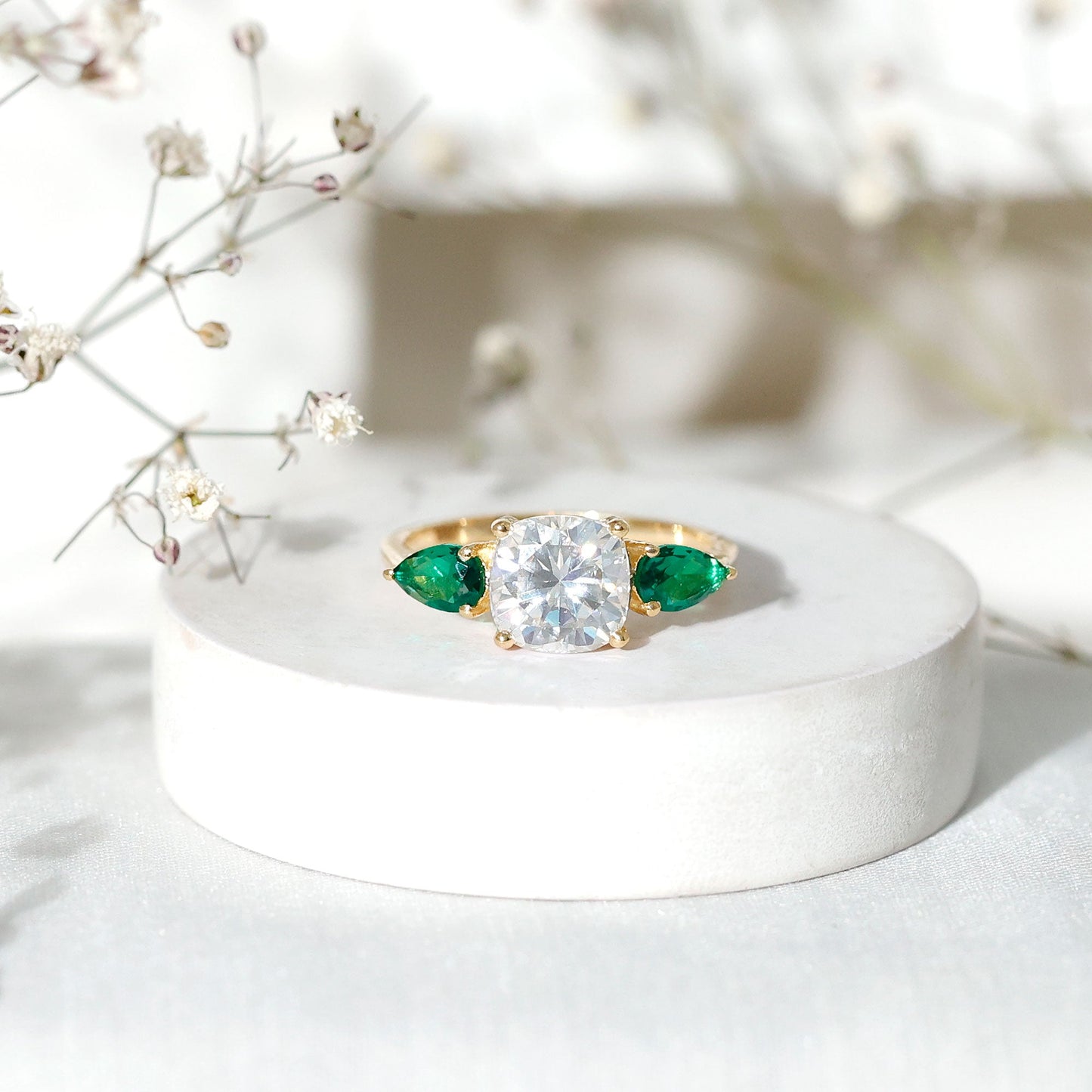 3 CT Moissanite Three Stone Engagement Ring With Emerald