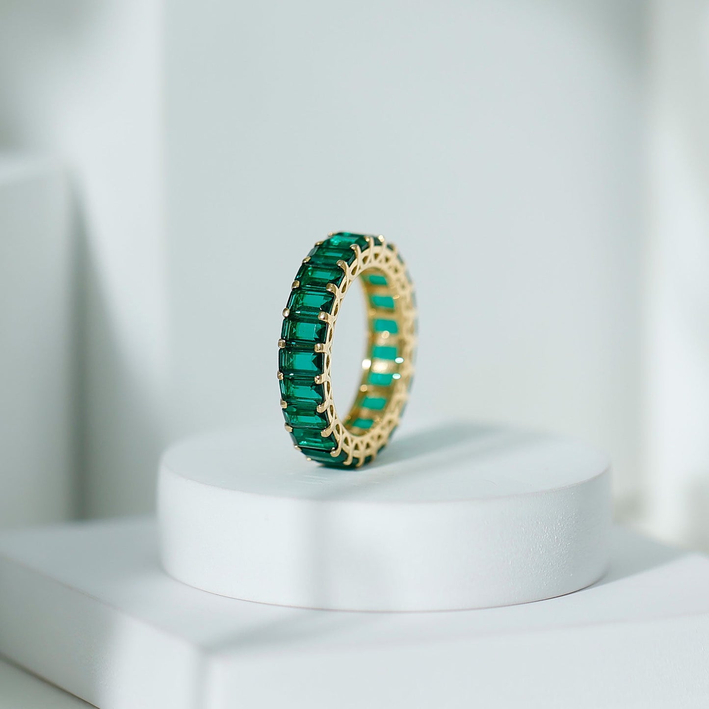 Emerald Cut Lab Grown Emerald Eternity Wedding Band