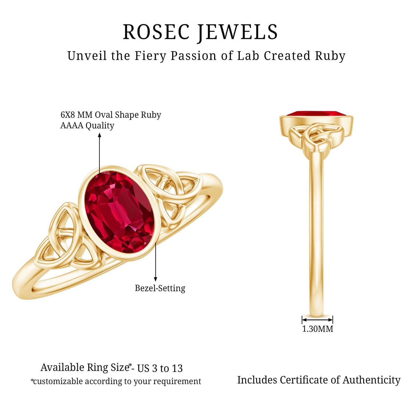 Oval Shaped 1.5 Carat Lab Grown Ruby Celtic Engagement Ring in Bezel Setting