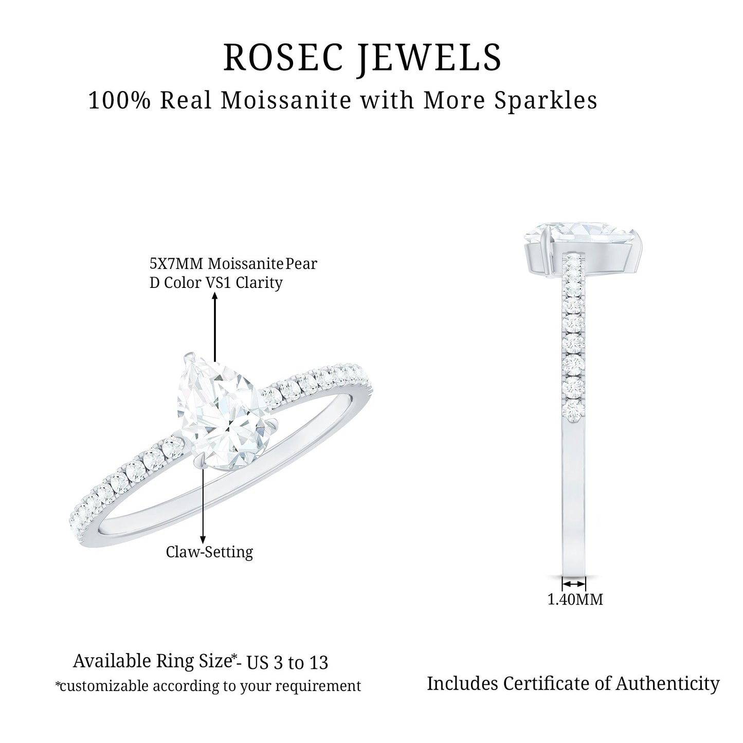 Certified Moissanite Teardrop Engagement Ring with Side Stones