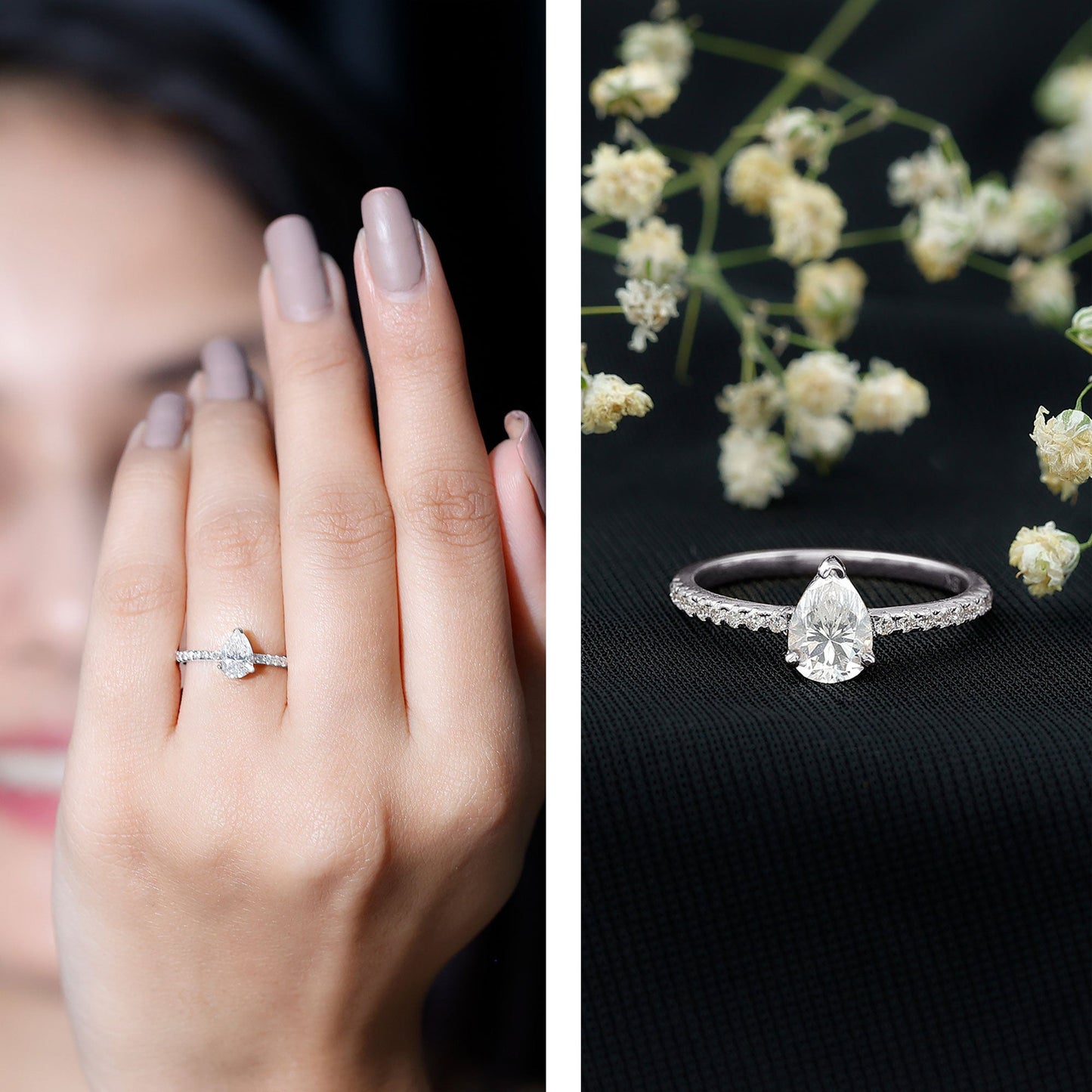 Certified Moissanite Teardrop Engagement Ring with Side Stones