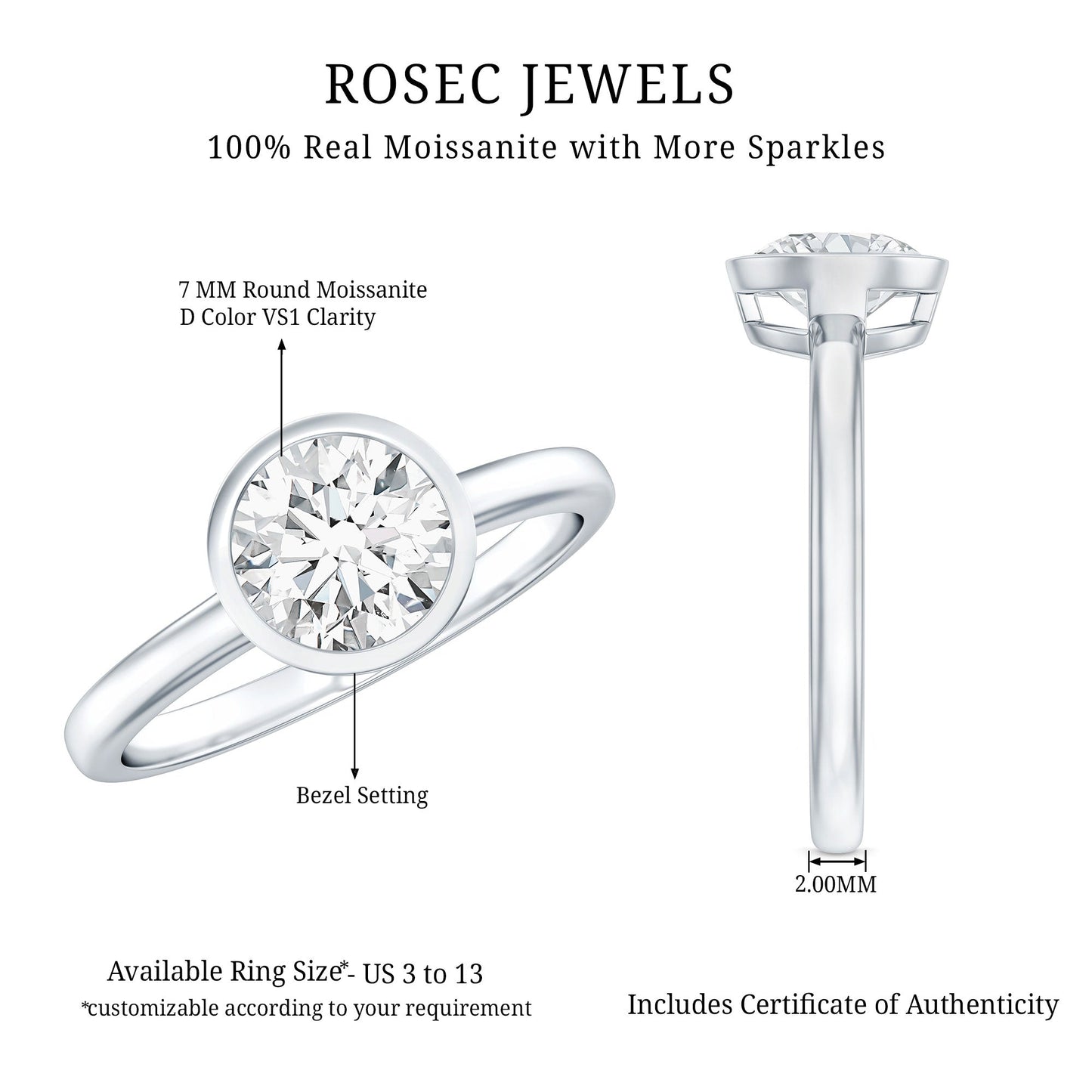 1.3 CT Moissanite Bezel Set Engagement Ring For Women