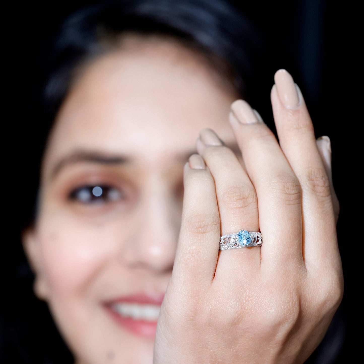 0.8 Carat Vintage Style Aquamarine and Diamond Engagement Ring