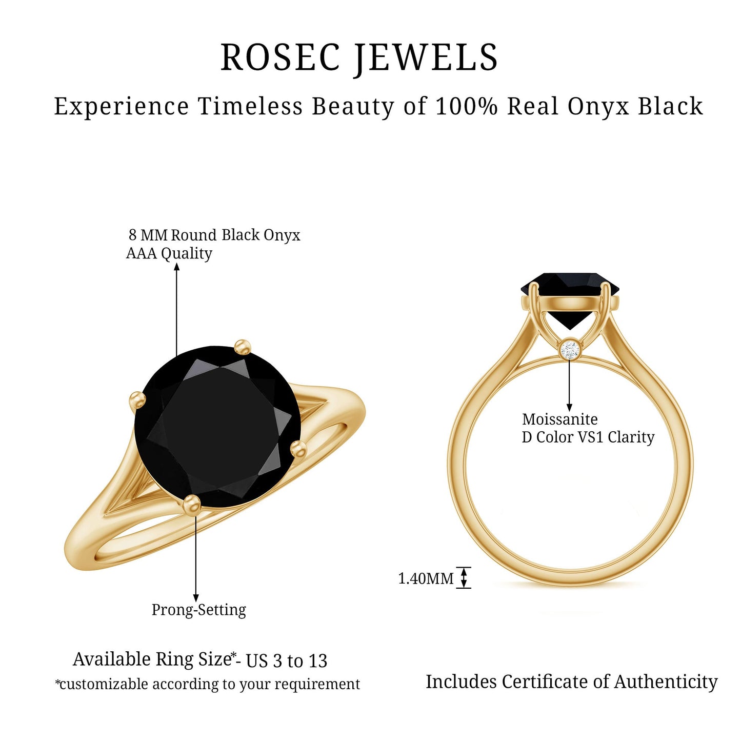 Real 2 Carat Black Onyx Solitaire Ring with Hidden Moissanite