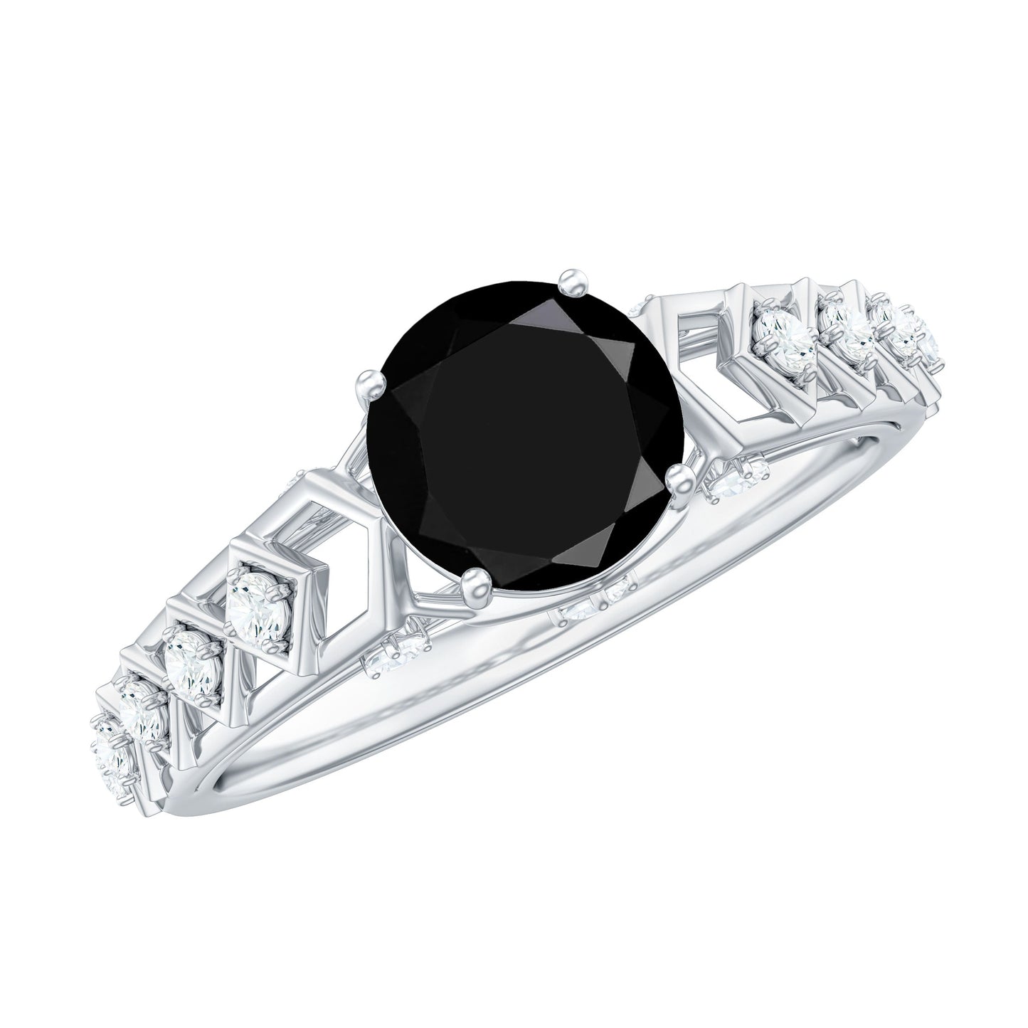 Art Deco Inspired Black Spinel Solitaire Engagement Ring with Diamond