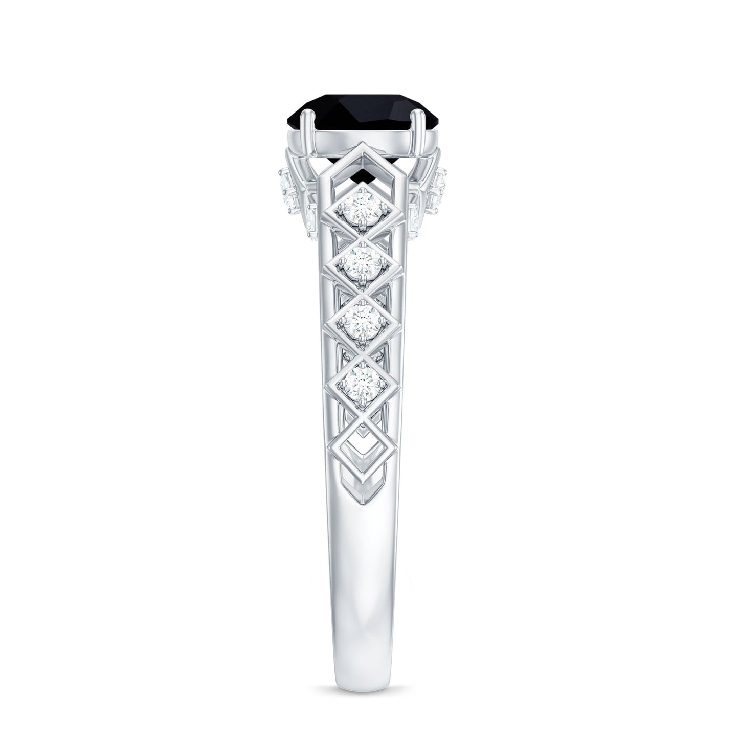 Art Deco Inspired Black Spinel Solitaire Engagement Ring with Diamond
