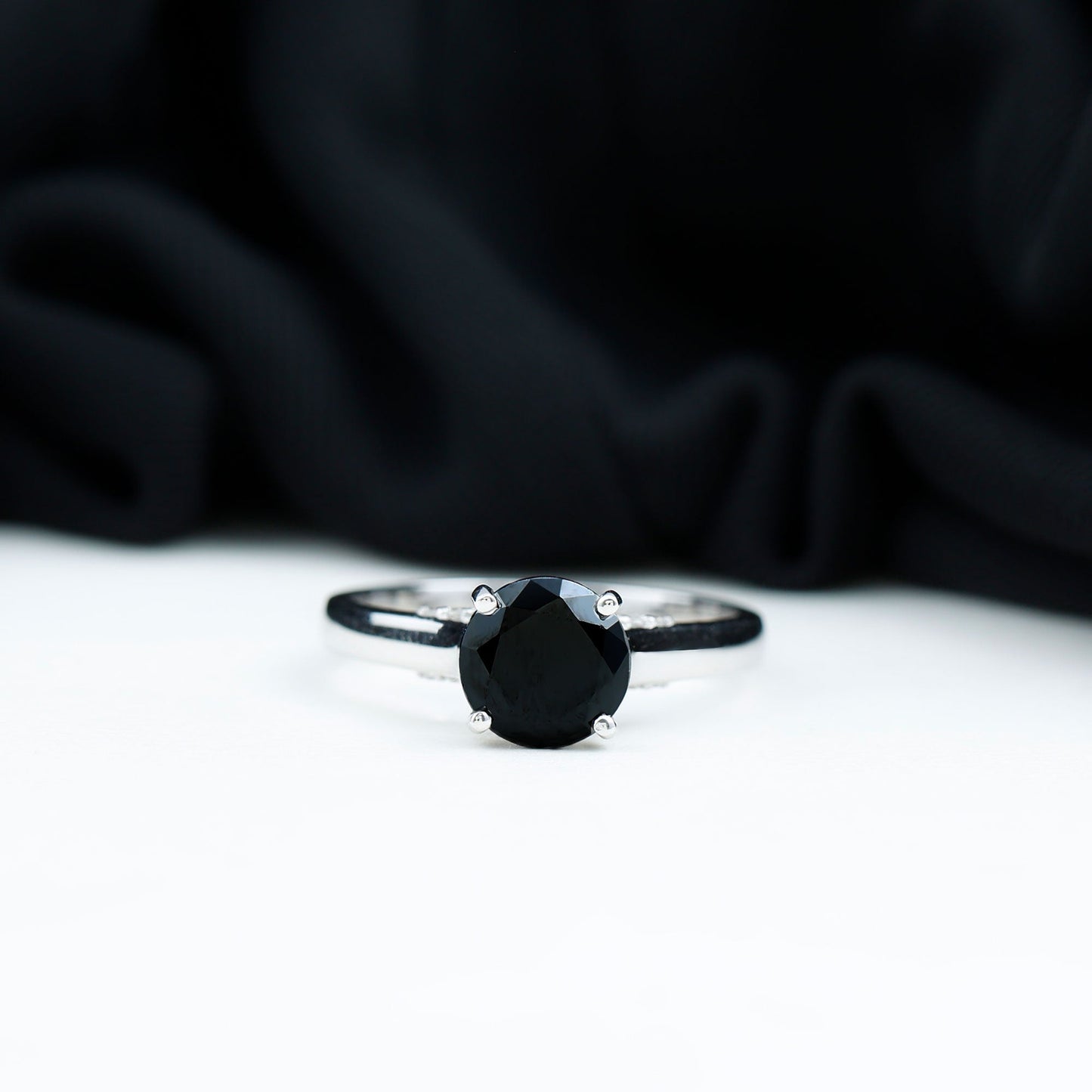 Genuine 2 Carat Black Onyx Engagement Ring with Surprise Diamond