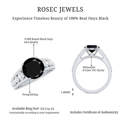 2 Carat Round Black Onyx Statement Engagement Ring with Moissanite Side Stones