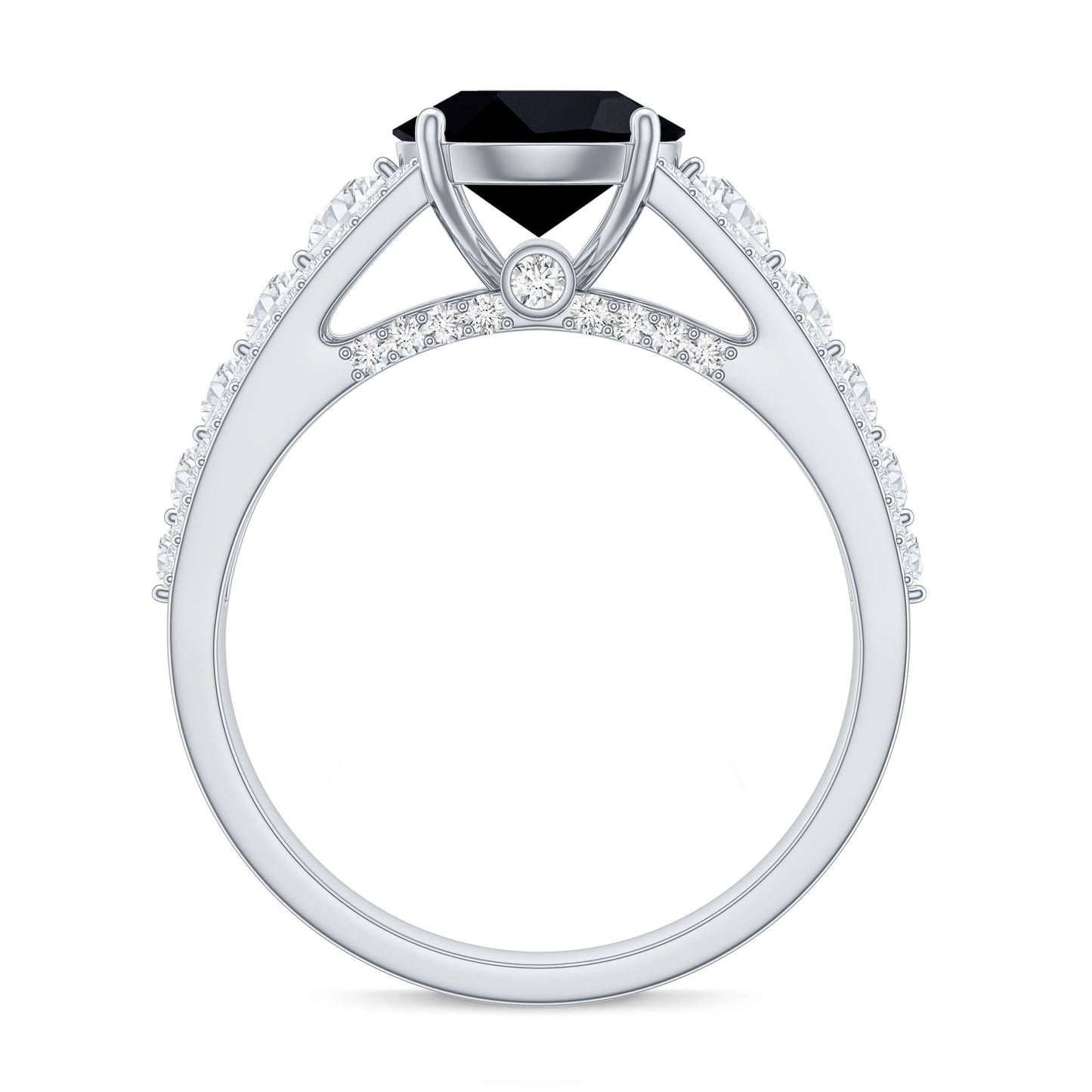 2 Carat Round Black Onyx Statement Engagement Ring with Moissanite Side Stones