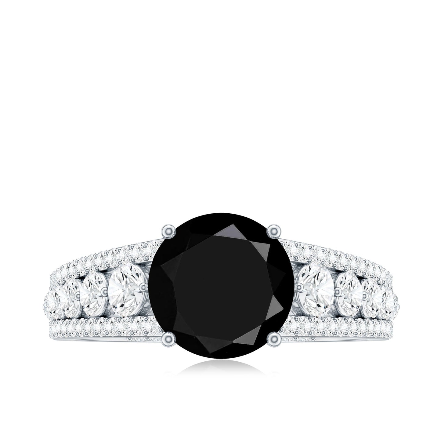 2 Carat Round Black Onyx Statement Engagement Ring with Moissanite Side Stones