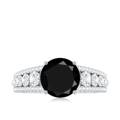 2 Carat Round Black Onyx Statement Engagement Ring with Moissanite Side Stones
