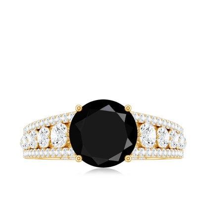 2 Carat Round Black Onyx Statement Engagement Ring with Moissanite Side Stones